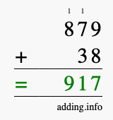 Calculate 879 + 38 using long addition