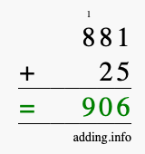Calculate 881 + 25 using long addition