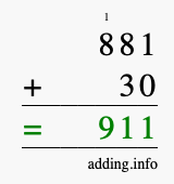 Calculate 881 + 30 using long addition