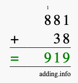 Calculate 881 + 38 using long addition
