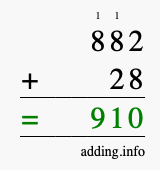 Calculate 882 + 28 using long addition
