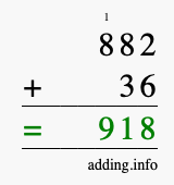 Calculate 882 + 36 using long addition