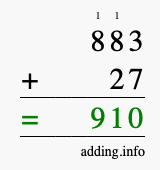 Calculate 883 + 27 using long addition