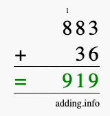 Calculate 883 + 36 using long addition