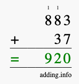 Calculate 883 + 37 using long addition