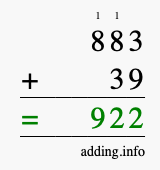 Calculate 883 + 39 using long addition