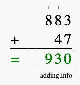 Calculate 883 + 47 using long addition