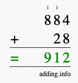 Calculate 884 + 28 using long addition
