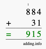 Calculate 884 + 31 using long addition