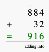 Calculate 884 + 32 using long addition