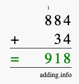 Calculate 884 + 34 using long addition