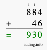 Calculate 884 + 46 using long addition