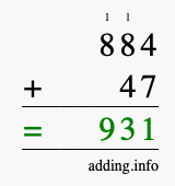 Calculate 884 + 47 using long addition