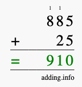 Calculate 885 + 25 using long addition