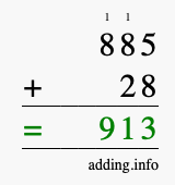 Calculate 885 + 28 using long addition