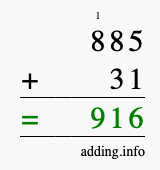 Calculate 885 + 31 using long addition