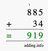 Calculate 885 + 34 using long addition