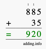 Calculate 885 + 35 using long addition