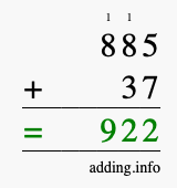 Calculate 885 + 37 using long addition