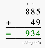Calculate 885 + 49 using long addition
