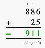 Calculate 886 + 25 using long addition