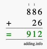 Calculate 886 + 26 using long addition