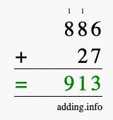 Calculate 886 + 27 using long addition