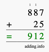 Calculate 887 + 25 using long addition