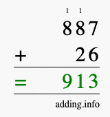 Calculate 887 + 26 using long addition
