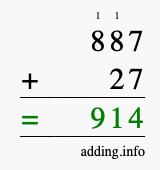 Calculate 887 + 27 using long addition