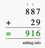 Calculate 887 + 29 using long addition