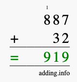 Calculate 887 + 32 using long addition