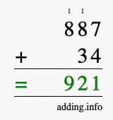 Calculate 887 + 34 using long addition
