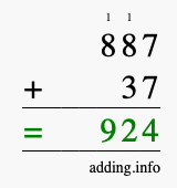 Calculate 887 + 37 using long addition