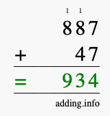 Calculate 887 + 47 using long addition