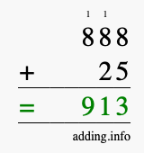 Calculate 888 + 25 using long addition