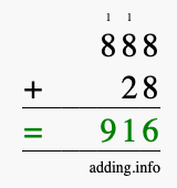 Calculate 888 + 28 using long addition