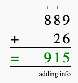 Calculate 889 + 26 using long addition