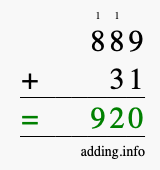 Calculate 889 + 31 using long addition