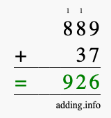 Calculate 889 + 37 using long addition