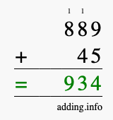 Calculate 889 + 45 using long addition