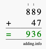 Calculate 889 + 47 using long addition