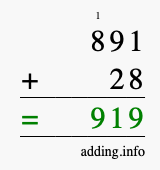 Calculate 891 + 28 using long addition