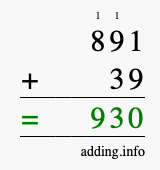 Calculate 891 + 39 using long addition