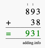 Calculate 893 + 38 using long addition