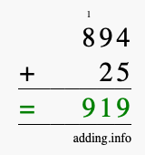 Calculate 894 + 25 using long addition
