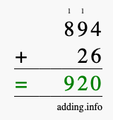 Calculate 894 + 26 using long addition