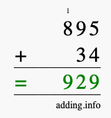 Calculate 895 + 34 using long addition