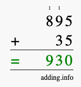Calculate 895 + 35 using long addition