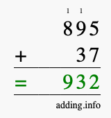 Calculate 895 + 37 using long addition